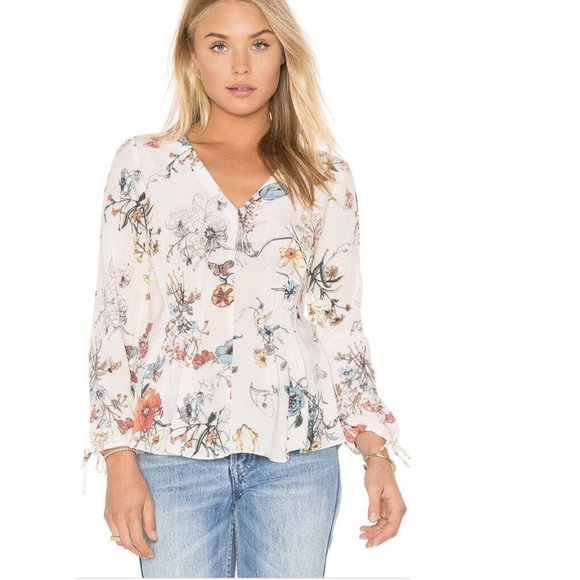 Rebecca Taylor Tops - Rebecca Taylor 100%Silk Long Tie Sleeve Meadow Floral Top Pink Combo V-neck 2